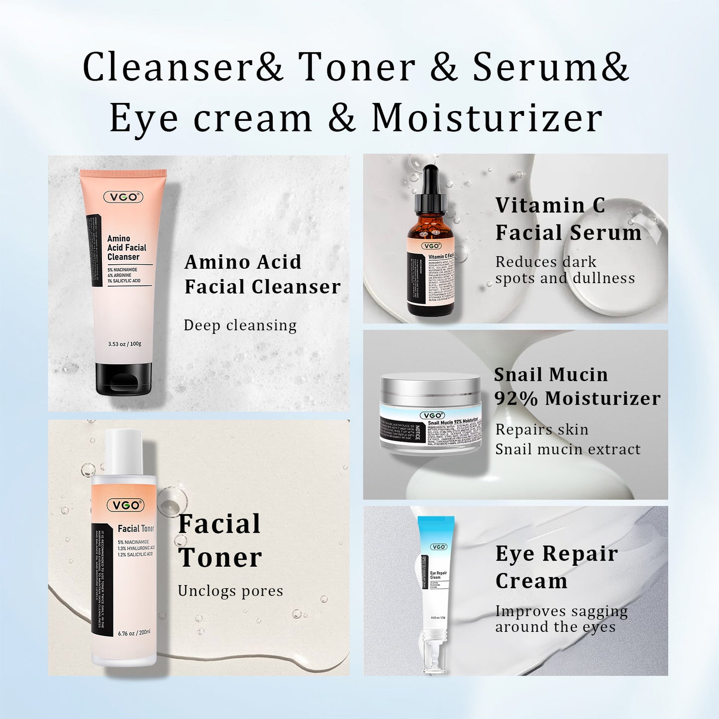 SKINCARE 5-STEP ROUTINE CLEANSER - TONER - SERUM -EYE CREAM